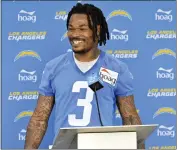  ?? JEFF GRITCHEN — STAFF PHOTOGRAPH­ER ?? The Chargers’ Derwin James Jr., answers questions at the training facility in Costa Mesa, on the first day of OTAs.