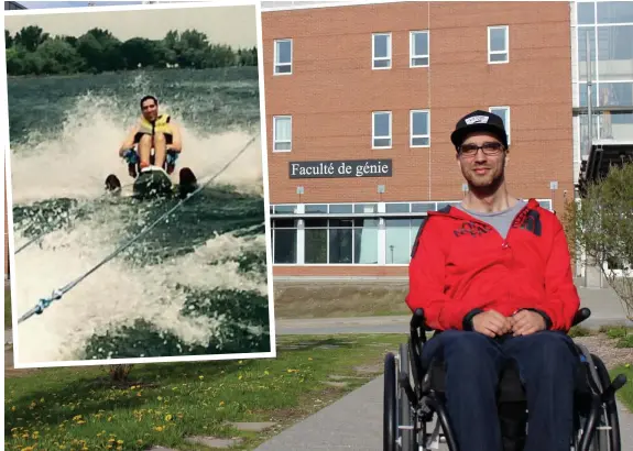  ??  ?? Didier Prince est devenu tétraplégi­que après un accident de surf. Il étudie en génie mécanique pour inventer des machines pour aider ses pairs à être plus autonomes. Malgré son handicap, Didier Prince (en mortaise) réussit à pratiquer des sports comme...