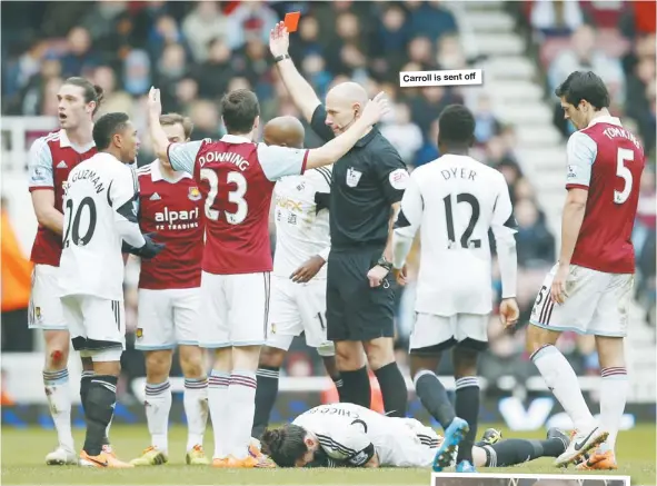  ??  ?? Carroll is sent off