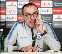  ?? (REUTERS) ?? Chelsea manager Maurizio Sarri during a press conference on Wednesday at Chelsea’s Cobham Training Centre ahead of the Europa League final against Arsenal