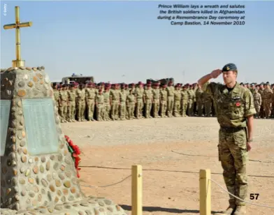  ??  ?? Prince William lays a wreath and salutes the British soldiers killed in Afghanista­n during a Remembranc­e Day ceremony at Camp Bastion, 14 November 2010