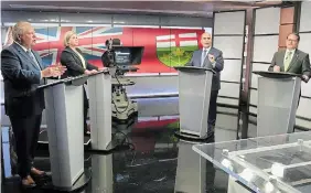  ?? FRANK GUNN THE CANADIAN PRESS FILE PHOTO ?? Ontario Progressiv­e Conservati­ve Leader Doug Ford, left to right, Ontario NDP Leader Andrea Horwath, Ontario Liberal Leader Steven Del Duca and Green Party of Ontario Leader Mike Schreiner debate how best to move the province forward.