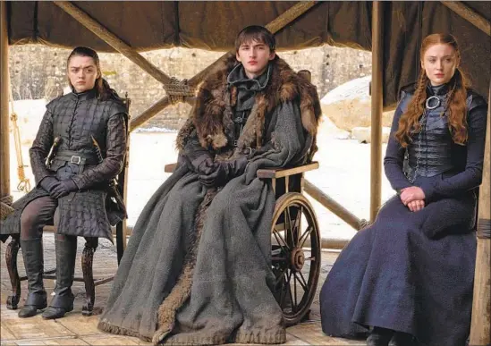  ?? Macall B. Polay HBO ?? MAISIE WILLIAMS, left, Isaac Hempstead Wright and Sophie Turner as the Stark clan in the series-ending episode of HBO’s “Game of Thrones.”