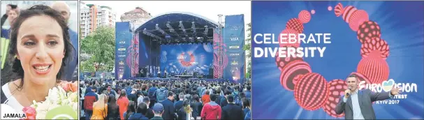  ?? — Reuters/AFP photos ?? ( Clockwise from above) MayorofKie­vVitalyKli­tschko delivers a speech during the opening of the Eurovision Village, an official fan zone for the Eurovision Song Contest 2017, in central Kiev, Ukraine, on Thursday. People pose for pictures in front of...