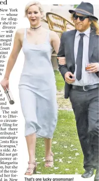  ??  ?? That’s one lucky groomsman! Jennifer Lawrence walks down the aisle at her best friend’s wedding in Italy with LA bartender pal Kevin “Boosh” Burtch.