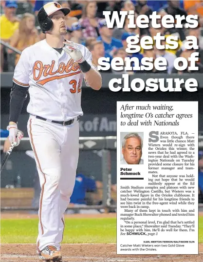  ?? KARL MERTON FERRON/BALTIMORE SUN ?? Catcher Matt Wieters won two Gold Glove awards with the Orioles.