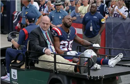  ?? MATT STONE / HERALD STAFF FILE ?? WILL BE MISSED: Running back James White will miss the rest of the season after suffering a subluxatio­n of his right hip as he hit the turf against the Saints on Sunday.