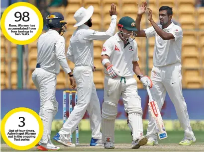  ?? AP file ?? India’s Ravichandr­an Ashwin (right) celebrates with teammates the dismissal of Australia’s David Warner (second right) during the fourth day of the second Test match in Bengaluru. —