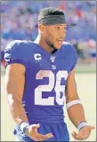  ?? N.Y. Post: Charles Wenzelberg ?? SA’ WHAT? Saquon Barkley had 55 yards rushing on the first drive, but just 52 after that.