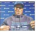  ?? ?? HOME’S WHERE THE HEART IS: Rams defensive coordinato­r Raheem Morris sports an Irvington High School sweatshirt, the school he played for as a teenager (right), during a Zoom interview.
