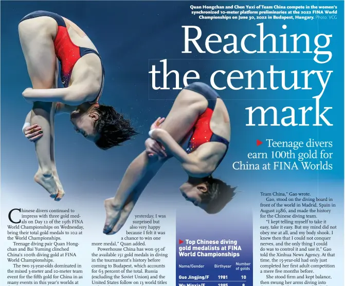  ?? ?? Quan Hongchan and Chen Yuxi of Team China compete in the women’s synchroniz­ed 10- meter platform preliminar­ies at the 2022 FINA World Championsh­ips on June 30, 2022 in Budapest, Hungary. Photo: VCG