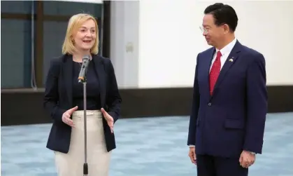  ?? Photograph: Taiwan’s Ministry of Foreign Affairs/EPA ?? Former prime minister Liz Truss stands alongside Taiwan foreign minister Joseph Wu following her arrival in Taiwan on Tuesday.