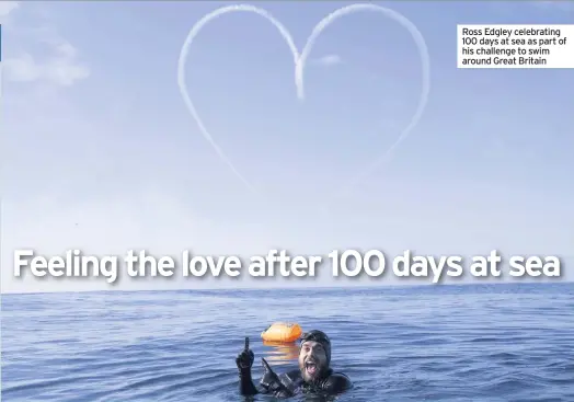  ??  ?? Ross Edgley celebratin­g 100 days at sea as part of