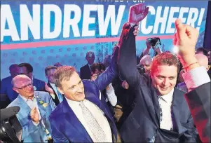  ?? CP PHOTO ?? Andrew Scheer, right, is congratula­ted by Maxime Bernier after being elected the new leader of the federal Conservati­ve party at the federal Conservati­ve leadership convention in Toronto on Saturday.