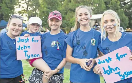  ?? PHOTOS: NEV MADSEN ?? COMMUNITY CELEBRATIO­N: Walking to remember John Tyson are (from left) Ali Brunello, Kaitlin Dobinson, Sam Brimblecom­be, Holly Wickham and Summer Wickham.