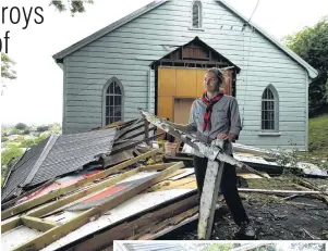  ?? PHOTOS: STEPHEN JAQUIERY/KIM COUSINS ?? Hard to prepare for . . . Roslyn Scouts group leader Kim Cousins stands amid the rubble left after a car crashed on to the property and demolished part of the scout hall. Right: The Subaru Impreza where it lay overturned after the crash.