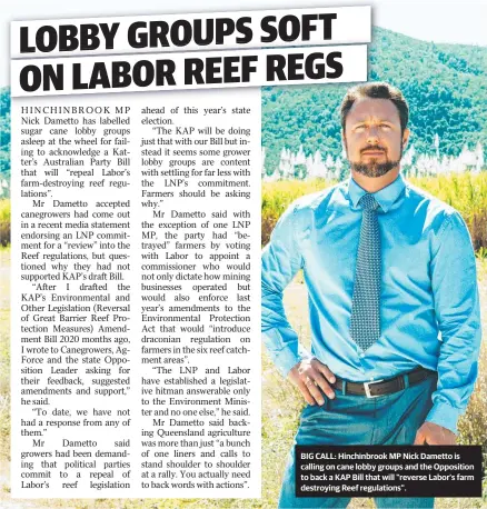  ??  ?? BIG CALL: Hinchinbro­ok MP Nick Dametto is calling on cane lobby groups and the Opposition to back a KAP Bill that will "reverse Labor’s farm destroying Reef regulation­s".