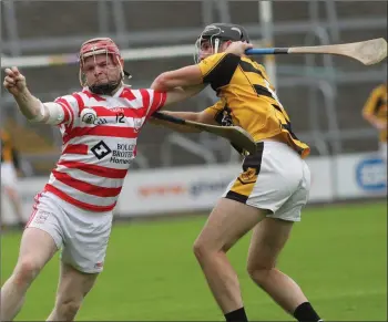  ??  ?? Jonathan Dwyer (Ferns St. Aidan’s) and Rathnure’s Brian Quigley battle for possession in their Pettitt’s SHC game in Innovate Wexford Park on Saturday which Ferns won by seven points.