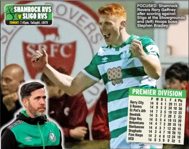  ?? ?? FOCUSED: Shamrock rovers rory gaffney after scoring against Sligo at the Showground­s and (left) Hoops boss Stephen Bradley