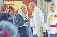  ?? Picture: ELIKI NUKUITABU ?? Speaker to Parliament Ratu Naiqama Lalabalavu shakes hands with the President Ratu Wiliame Katonivere at the opening of the 2023-2024 Session of Parliament in Suva yesterday.