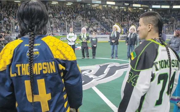  ?? PHOTOS: LIAM RICHARDS ?? Saskatchew­an’s Jeremy Thompson, right, has won two National Lacrosse League titles with the Rush, and is battling his brothers for a third.