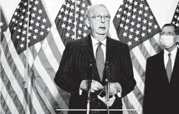  ?? ANNA MONEYMAKER/THE NEW YORK TIMES ?? Senate Majority Leader Mitch McConnell speaks during a news conference Tuesday after meeting . with Republican senators to discuss a possible coronaviru­s relief bill.