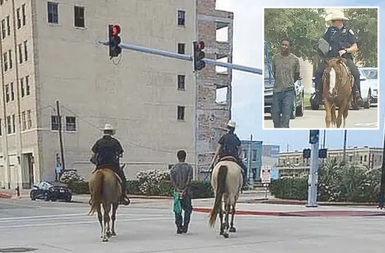  ??  ?? Photo shows police officers walking Donald Heely by a rope in Texas on Monday. Inset shows Heely, a homeless man. Texas police chief Vernon Hale said Heely, who was arrested for trespassin­g, should have been taken to the station in a police car, but only mounted officers were available.