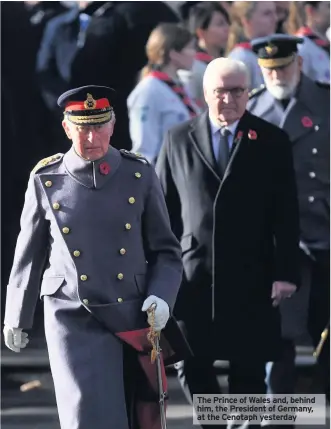  ??  ?? The Prince of Wales and, behind him, the President of Germany, at the Cenotaph yesterday