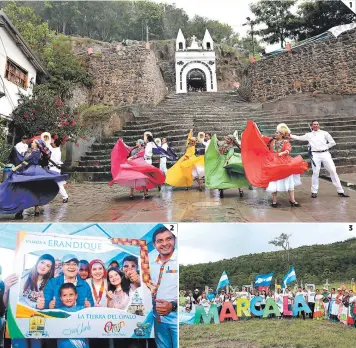  ?? FOTOS: EL HERALDO ?? (1) Las danzas folclórica­s fueron parte de la cuarta Caravana Viajando por Honduras. (2) JOH, junto a niños y adultos, posa para las cámaras. (3) Marcala recibió la caravana el fin de semana.