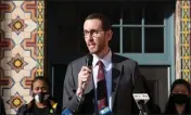  ?? KARL MONDON — BAY AREA NEWS GROUP ?? State Sen. Scott Wiener holds a press conference on the steps of Everett Middle School in San Francisco, Jan. 21, 2022.