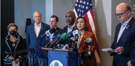  ?? Getty iMaGeS ?? VISITING: Members of a U.S. Congressio­nal delegation, left to right, U.S. Rep. Barbara Lee, U.S. Rep. Bill Keating, U.S. Rep. Jason Crow, Chairman Gregory Meeks, Speaker of the House Nancy Pelosi and Chairman Jim McGovern are seen during a press conference in Rzeszow, southeaste­rn Poland, after a visit to Kyiv, Ukraine.