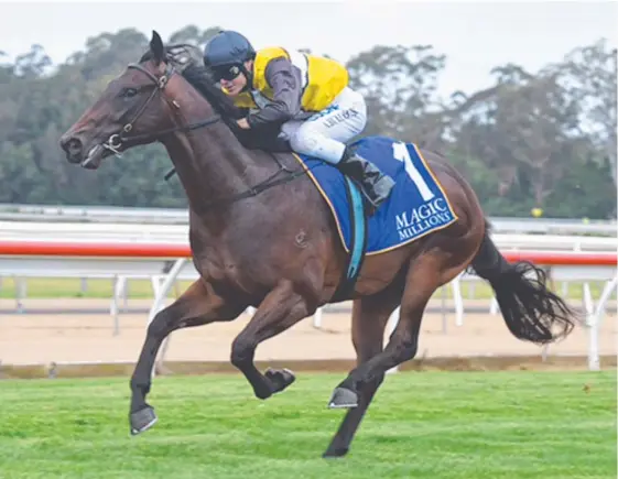  ?? Picture: STEVE HART ?? Jonker, ridden by Aaron Bullock, scores a sizzling win in the Magic Millions lead-up race at Wyong yesterday.