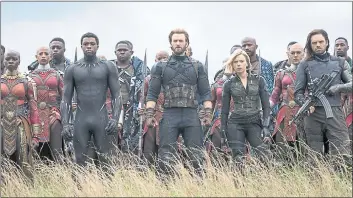  ?? MARVEL STUDIOS ?? Among the many stars in “Avengers: Infinity War” are, front row from left, Danai Gurira, Chadwick Boseman, Chris Evans, Scarlett Johansson and Sebastian Stan.