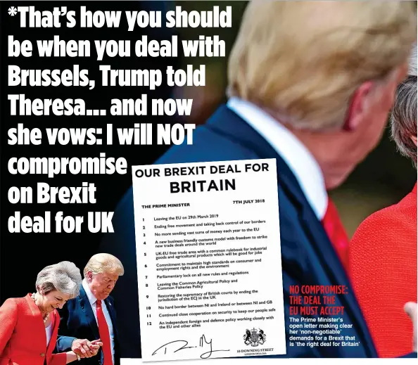  ??  ?? SUPPORT: President Trump and Theresa May at Chequers on Friday The Prime Minister’s open letter making clear her ‘non-negotiable’ demands for a Brexit that is ‘the right deal for Britain’ NO COMPROMISE: THE DEAL THE EU MUST ACCEPT