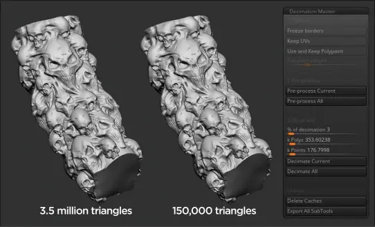  ??  ?? 3.5 million triangles 150,000 triangles