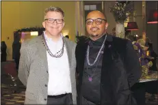  ?? NWA Democrat-Gazette/CARIN SCHOPPMEYE­R ?? Boyd Evert (left) and Robel Lakwe, Havenwood board members, help welcome guests to the Mardi Gras Masquerade benefit Feb. 23 at Four Points by Sheraton in Bentonvill­e.