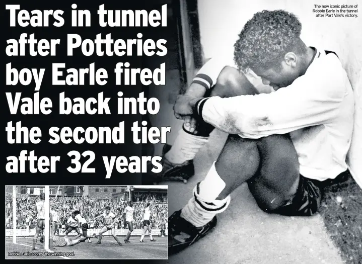  ??  ?? Robbie Earle scores the winning goal.
The now iconic picture of Robbie Earle in the tunnel after Port Vale’s victory.