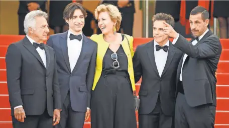  ?? VENTURELLI, WIREIMAGE ?? Dustin Hoffman, left, director Noah Baumbach, Emma Thompson, Ben Stiller and Adam Sandler of The Meyerowitz Stories attend its screening during the 70th annual Cannes Film Festival on Sunday. The film received a four- minute standing ovation.