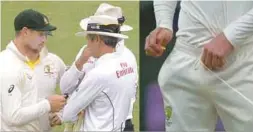  ??  ?? Top: Aussie captain Steve Smith and vice-captain David Warner were both stood down for the rest of the 3d Test match. Below: Cameron Bancroft is questioned by the umpires (left) after he put at yellow object into his pants during yesterday play in Cape...