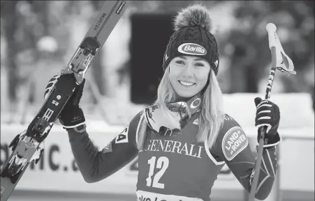  ?? AP ?? Mikaela Shiffrin celebrates finishing second in a women’s World Cup downhill ski race in Lake Louise, Alberta, last December.