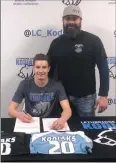  ?? Photo submitted ?? Former LCI Ram Tanner Folden, with Kodiaks coach Greg Gibos, will suit up for Lethbridge College in the fall.