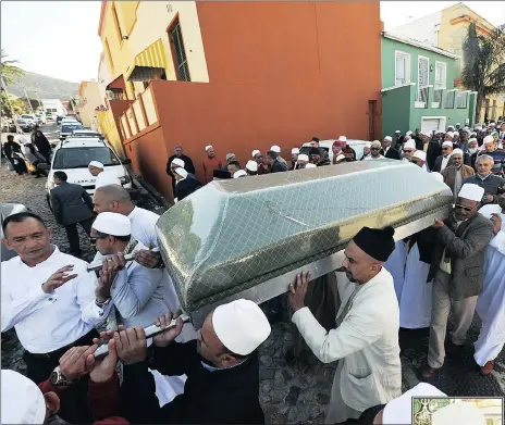  ?? Picture: Henk Kruger/ANA Pictures ?? The funeral for Achmat Isaacs yesterday drew hundreds of admirers, friends and family to Chiappini Street in the Bo-Kaap for the funeral procession. Bo Kaap legend and well-known rugby player Isaacs passed away on Sunday at the age of 69.