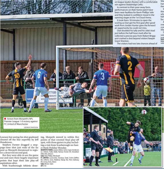  ?? GEORGE DAVIDSON ?? Action from Morpeth’s NPL Premier League 1-0 victory against FC United of Manchester