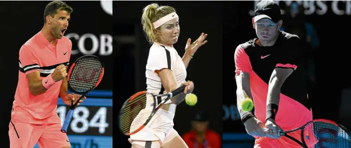  ?? —AFP, REUTERS PHOTOS ?? Blinding pink Nike kits on Bulgaria’s Grigor Dimitrov and, far right, British Kyle Edmund launched a “sweet” comparison with Liquorice Allsorts candy. Ladies of the Swoosh Army like Ukraine’s Elina Svitolina, center, wear pastel pink separates that are easier on the eye.