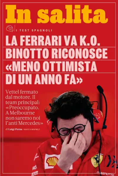  ?? GETTY IPP ?? Stop in pista Nella foto grande Sebastian Vettel, 32 anni, fermo in pista per un guaio al motore. A sinistra Mattia Binotto, 50 anni, team principal della Ferrari. Sotto la SF1000 mentre torna ai box sul carro attrezzi