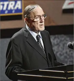  ?? JESSICA HILL/ASSOCIATED PRESS 2021 ?? Rick Adelman — speaking during the 2021 Basketball Hall of Fame Enshrineme­nt ceremony — is 10th in NBA history with 1,042 regular-season wins and 13th with 79 postseason wins. He took the Blazers to the NBA Finals twice, falling in 1990 to Detroit and 1992 to Chicago. He also coached Sacramento, Golden State, Minnesota and Houston.