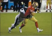  ?? NHAT V. MEYER — BAY AREA NEWS GROUP, FILE ?? The 49ers’ C.J. Beathard (3) is sacked by the Eagles’ Hassan Ridgeway (98) at Levi’s Stadium on Oct. 4.