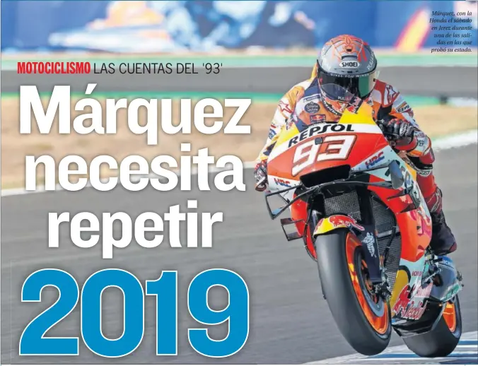  ??  ?? Márquez, con la Honda el sábado en Jerez durante una de las salidas en las que probó su estado.