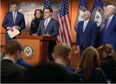  ?? (AP Photo/Mariam Zuhaib) ?? Speaker of the House Mike Johnson, R-LA., speaks Wednesday during a news conference on Capitol Hill in Washington. Pictured from left are Rep. Blake Moore, R-utah, Rep. Maria Salazar, R-fla., Majority Leader Steve Scalise, R-LA. and House Majority Whip Tom Emmer, R-minn.