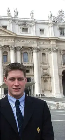  ?? INPHO ?? Ronan O’Gara and I pose for a picture at St Peter’s Square in The Vatican in February 2001; above right, at my new commentary station in Ballymount